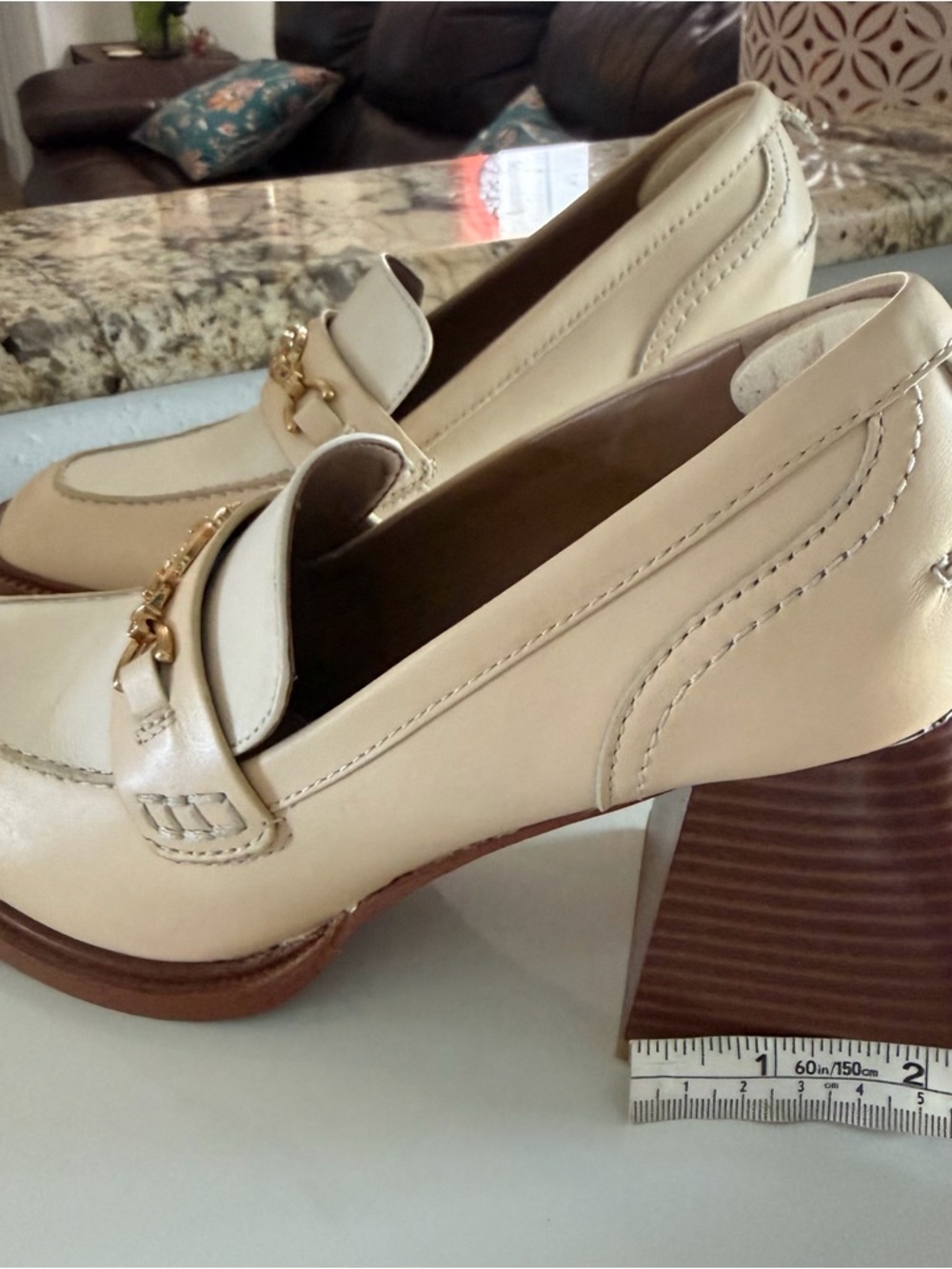 NWOT Sam Edelman Cream and Brown Leather Block Heel Loafers with Gold Chain - Picture 3 of 16